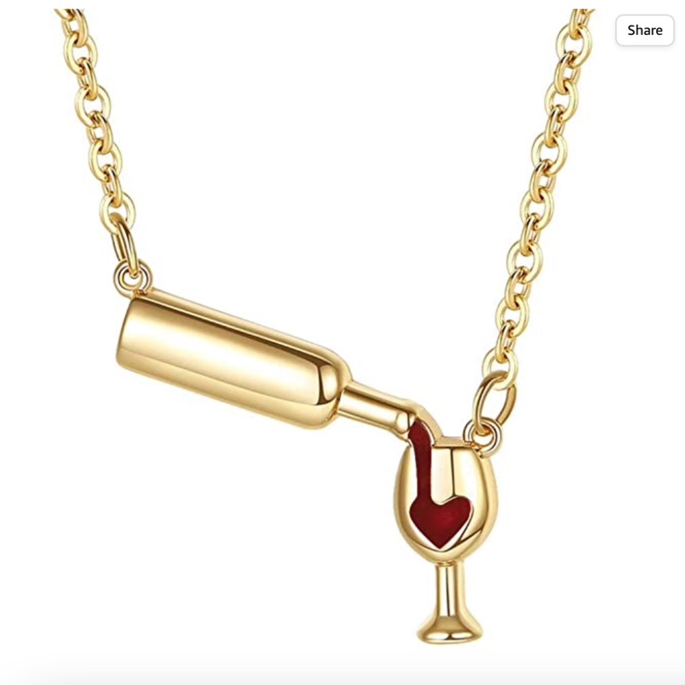 Gold Wine Bottle & Glass Necklace Fun Novelty Jewelry